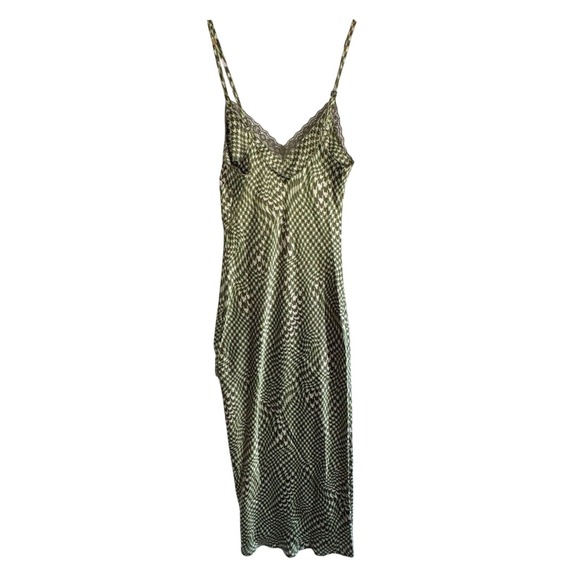 Daisy Street Wavy Print Satin Midi Houndstooth Lace‎ Trim Slip Dress Green SMALL - Picture 2 of 8